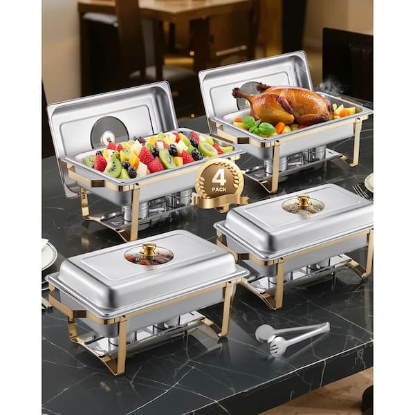 SKYSHALO 8 qt. 4-Pack, Stainless Steel Chafer with 4-Full Size Pans, Chafing Dish Buffet Set, Rectangle Catering Warmer Server