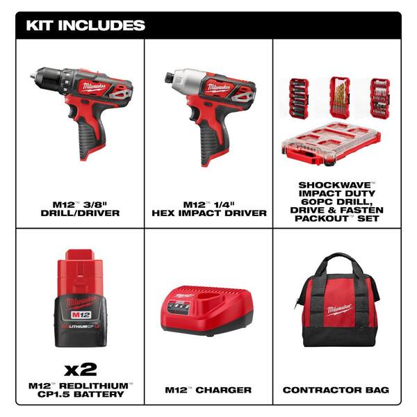 Milwaukee M12 12V Li-Ion Cordless Drill Driver/Impact Driver Combo Kit w (2) 1.5Ah Batteries, Charger and PACKOUT Bit Set (60 Pc)