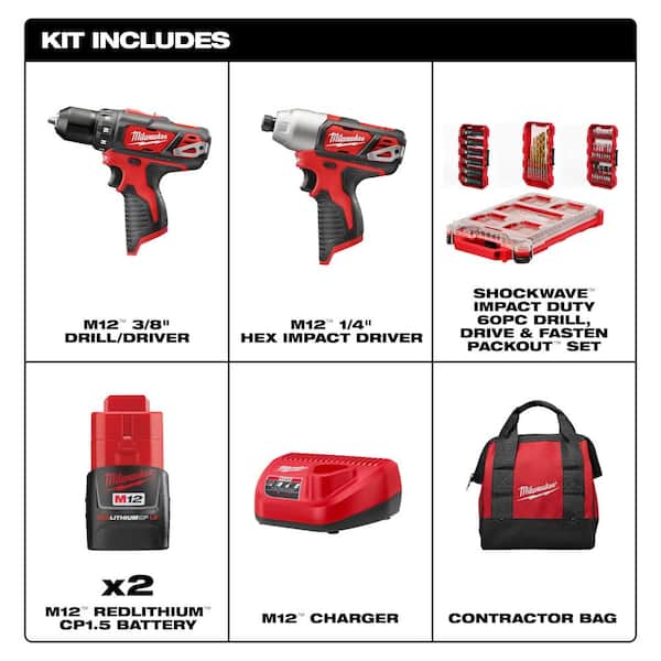 M12 12V Li-Ion Cordless Drill Driver/Impact Driver Combo Kit w (2) 1.5Ah Batteries, Charger and PACKOUT Bit Set (60 Pc)