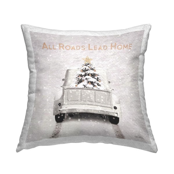 All Roads Lead Home Christmas Tree Off-White Square Outdoor Throw Pillow