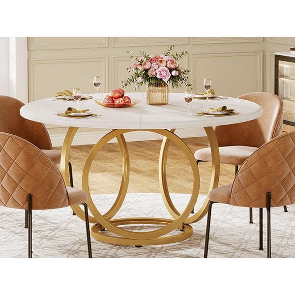 Modern White Wood 47.2 in. Pedestal Dining Table for 4-6 Person, Gold Round Dining Room Table