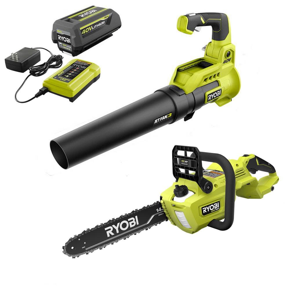 Ryobi 40v 110 Mph 525 Cfm Jet Fan Leaf Blower And 10 Pole Saw With Ah Battery And Charger