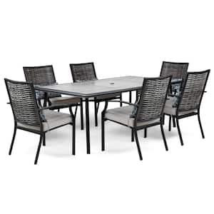 Sintra 7-Piece Steel/Wicker Rectangle Outdoor Dining Set with Gray Cushions and Blue Pillows