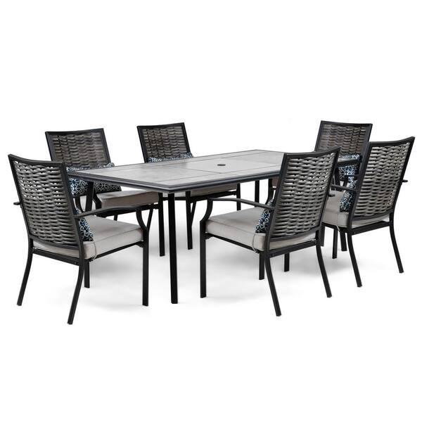 GREEMOTION Sintra 7-Piece Steel/Wicker Rectangle Outdoor Dining Set with Gray Cushions and Blue Pillows