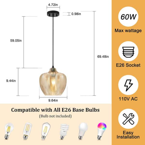 RayHome 9.64 in. 1-Light Modern Amber Adjustable Pendant Light with Striped Globe Glass Shade for Dining Kitchen Island