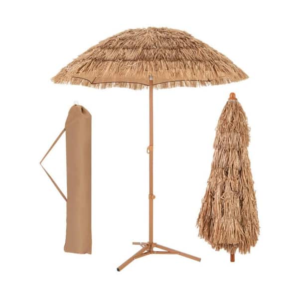 Kadehome 6.5 ft. Metal Beach Umbrella in Natural with Foldable Stand Push Button Tilt