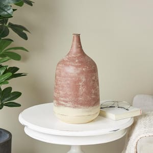 15 in. Copper Distressed Textured Metal Decorative Vase with Cream Base