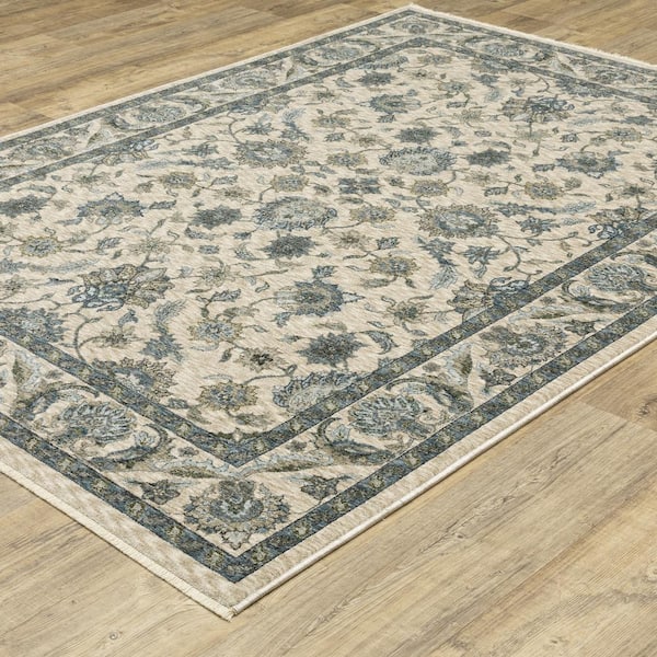 Ambrose Beige/Blue 10 ft. x 13 ft. Traditional Persian Floral Polyester Fringe Edge Indoor Area Rug
