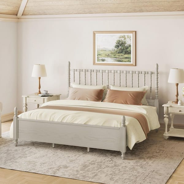 Ailio White Solid Wood Frame King Platform Bed Frame with Spindle Design Headboard, Footboard, and Wooden Slat Support