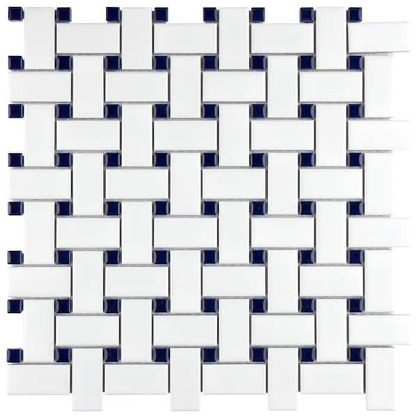 Merola Tile Metro Basketweave White with Glossy Cobalt Dot 6 in. x 6 in. Porcelain Mosaic Take Home Tile Sample