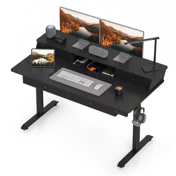 55 in. Rectangular Black Electric Standing Desk w/Drawers Monitor Stand Hook 3 Memory Heights