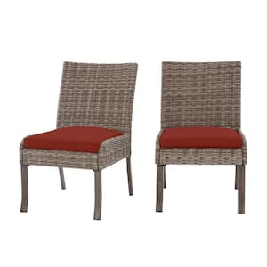 Windsor Brown Wicker Outdoor Patio Stationary Armless Dining Chair with Sunbrella Henna Red Cushions (2-Pack)