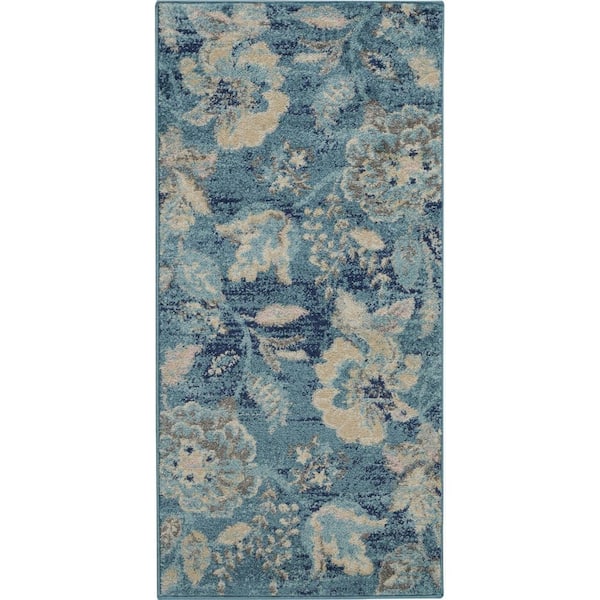 2 ft. x 4 ft. Turquoise Cream and Navy Blue Floral Distressed Area Rug