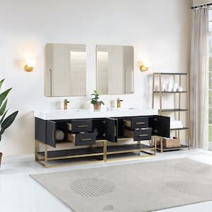 Bianco 84 in. W x 22 in. D x 34 in. H Double Sink Bath Vanity in Black Oak with White Composite Stone Top and Mirror