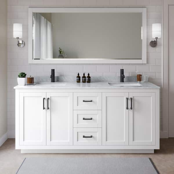 Wyndham Collection Miranda 72 in. W Double Bath Vanity in White with Marble Vanity Top in White Carrara with White Basins and Mirror