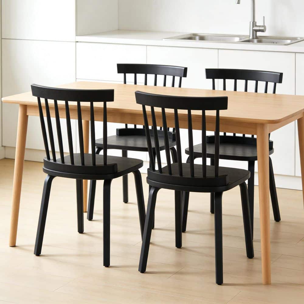Black Wood Windsor Dining Chairs Set of 4 Spindle Back Widen Seat