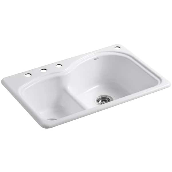 KOHLER Woodfield Smart Divide Drop-In 33 in. 4-Hole Double Bowl Kitchen Sink in White