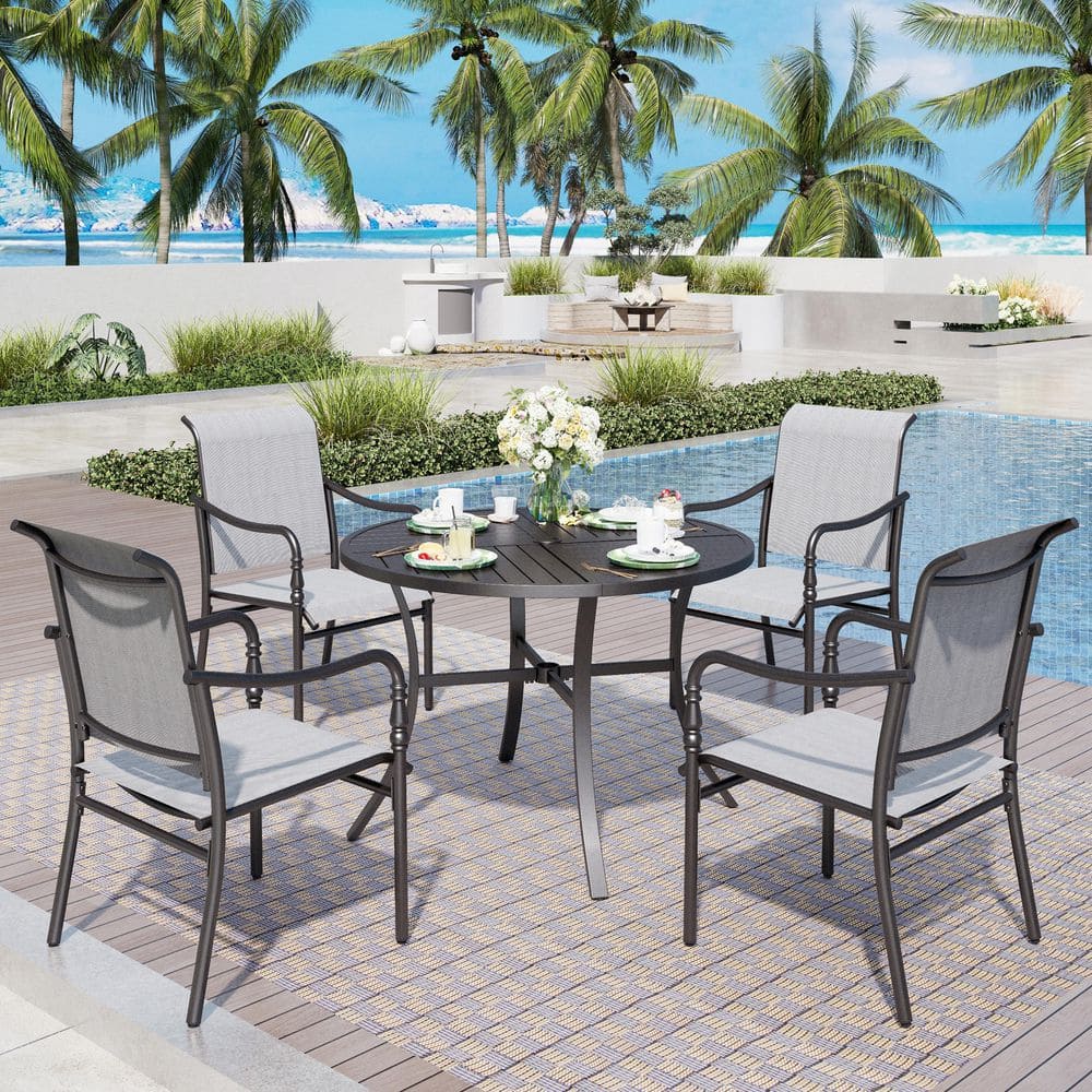 Black 5-Piece Metal Patio Outdoor Dining Sets with Stamped Round Table and Gourd-shaped Design Textilene Chairs price history on PriceWatchPro