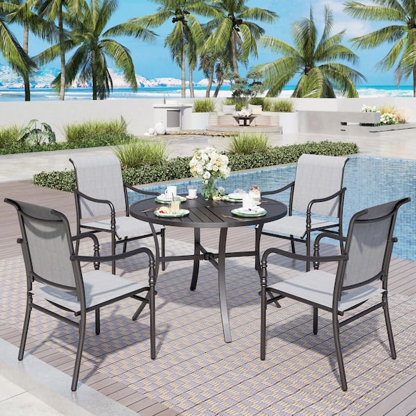 Black 5-Piece Metal Patio Outdoor Dining Sets with Stamped Round Table and Gourd-shaped Design Textilene Chairs