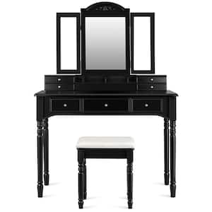 7 Drawers Vanity Set Dressing Table with Tri-Folding Mirror Black