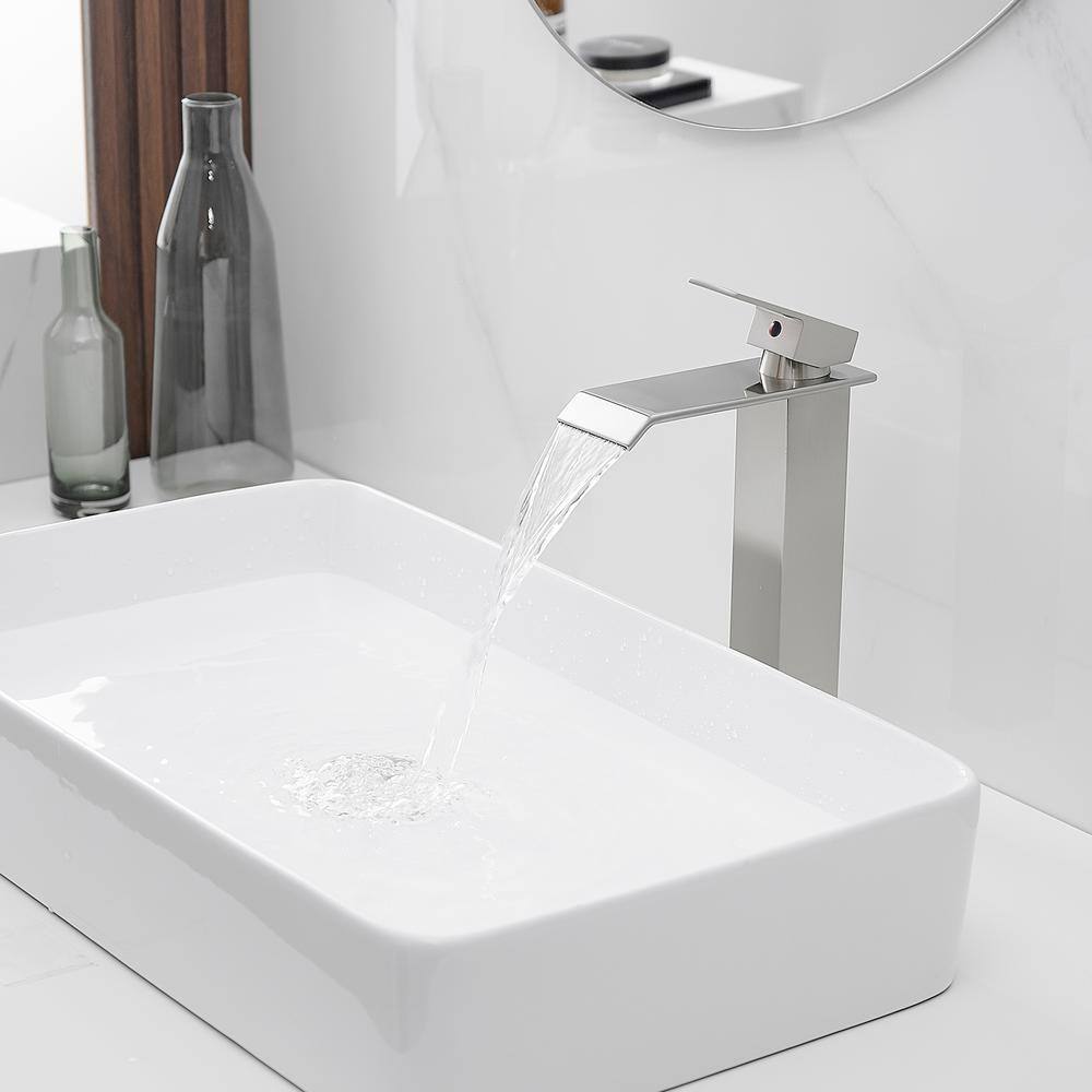 Brushed Nickel Waterfall Vessel Sink Faucet with Pop-Up Drain