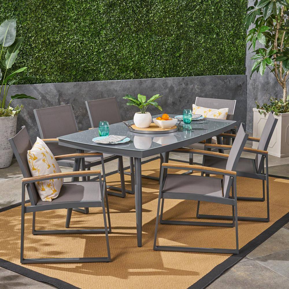 Noble House Manchester Gray 7-Piece Aluminum Outdoor Dining Set with ...