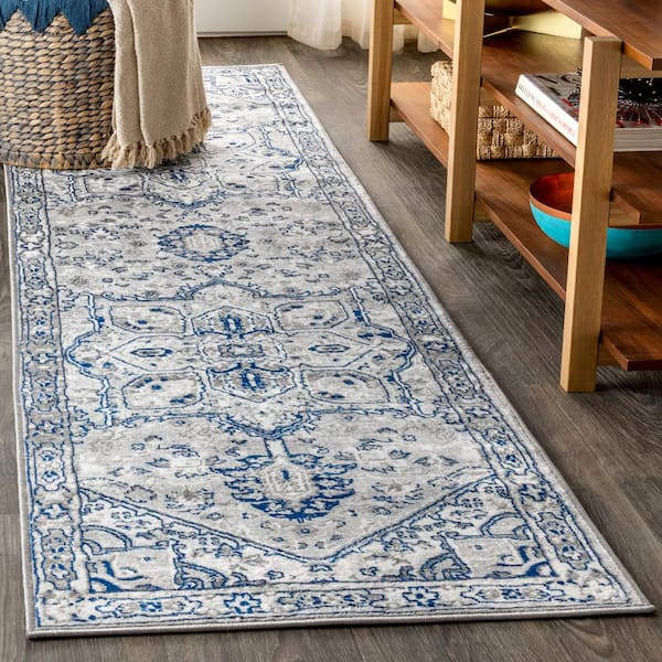 Modern Persian Vintage Medallion Light Grey/Navy 2 ft. x 8 ft. Runner Rug