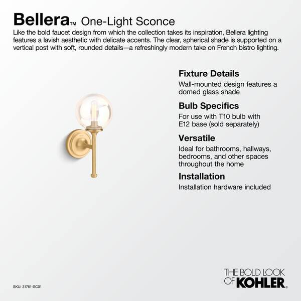 KOHLER Bellera 1 Light Brushed Nickel Indoor Wall Sconce with Globular Glass Shade, UL Listed