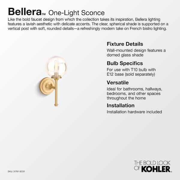 KOHLER Bellera 1 Light Oil Rubbed Bronze Indoor Wall Sconce with Globular Glass Shade, UL Listed