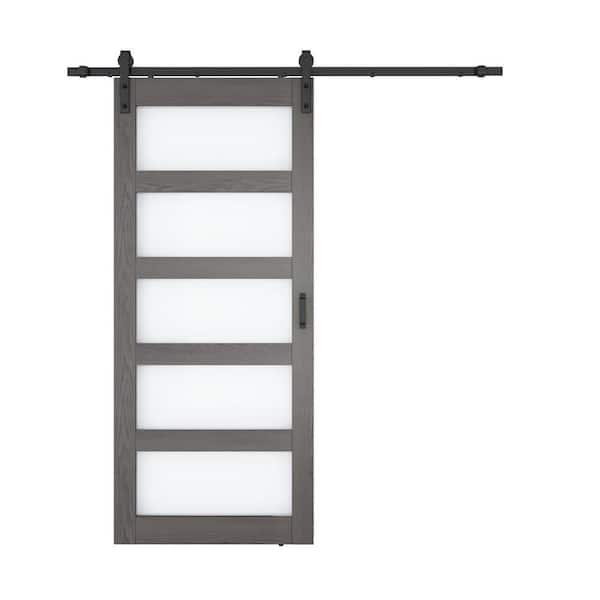ANZZI 36 in. x 84 in. 5 Vision Double Frosted Glass Light Brown MDF and PVC Sliding Barn Door with Hardware Kit