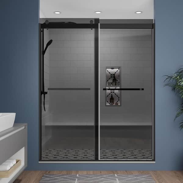 ES-DIY 56-60 in. W x 74 in. H Sliding Framed Alcove Shower Door in Matte Black with 5/16 in. (8 mm) with Tinted Glass