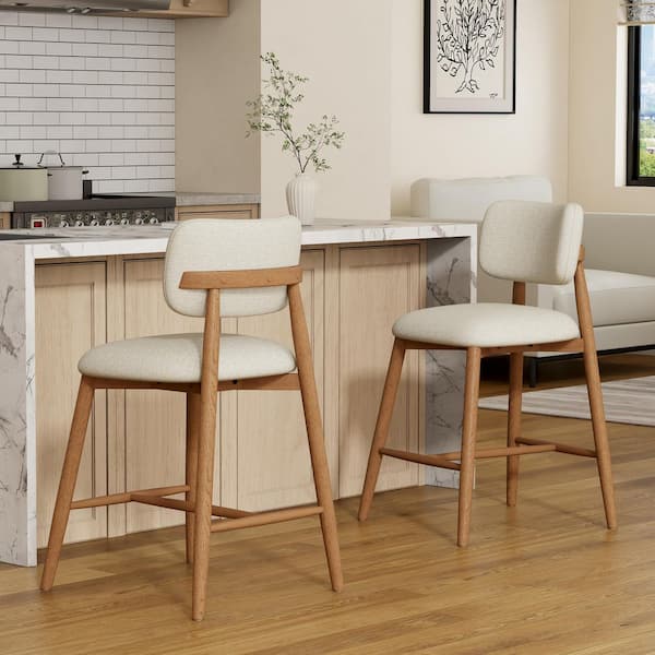 36.8 in. H Natural Rubber Wood Bar Stool with Beige Fabric Seat, Modern Counter Stool for Kitchen Island (Set of 2)