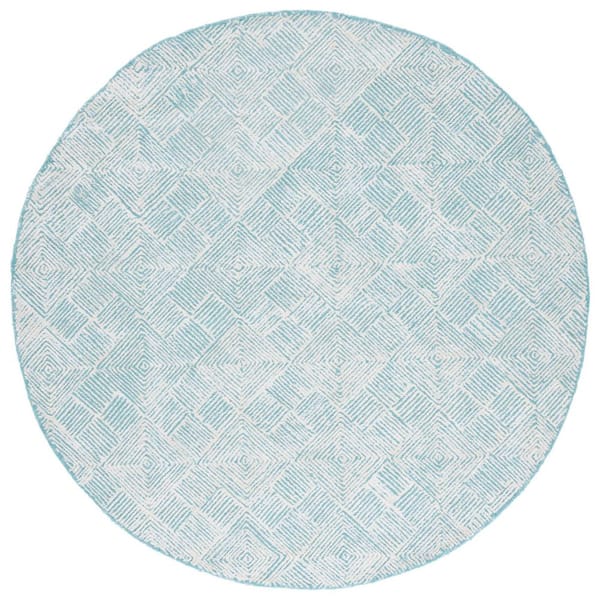 SAFAVIEH Glamour 6 ft. x 6 ft. Ivory/Turquoise Geometric Distressed Round Area Rug