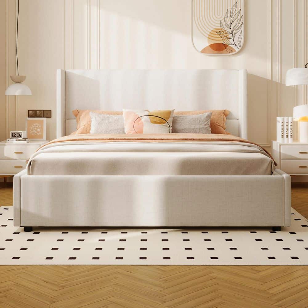 Elegant Modern White Fabric Upholstered Wood Frame King Size Platform Bed with Wingback Tall Headboard - thumbnail 7