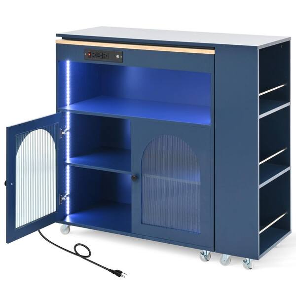 Ziyudura LED Lights Blue Wood Top 34 in. Kitchen Island Cart with