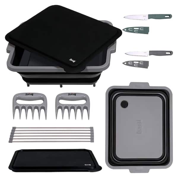 9-Piece Multifunctional Collapsible BBQ Prep Tub with Cutting Board, Portable Grill Tool Set, Black