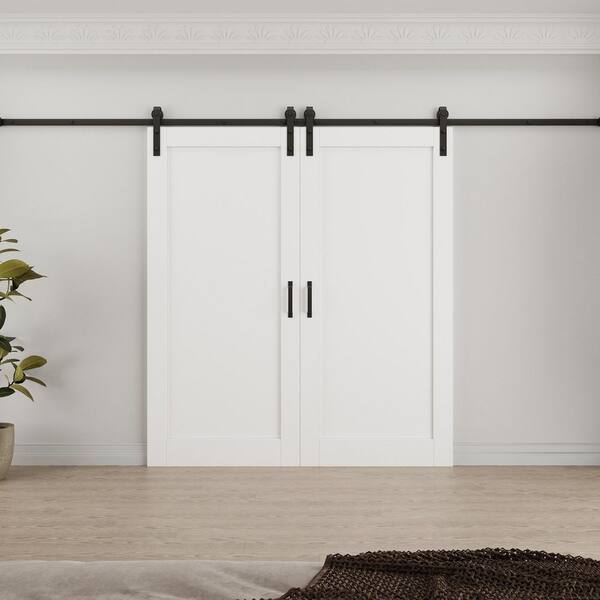 72 in. x 96 in. White Primed Paneled MDF Sliding Barn Door with Hardware Kit