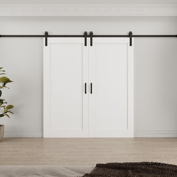 72 in. x 80 in. White Primed Paneled MDF Sliding Barn Door with Hardware Kit