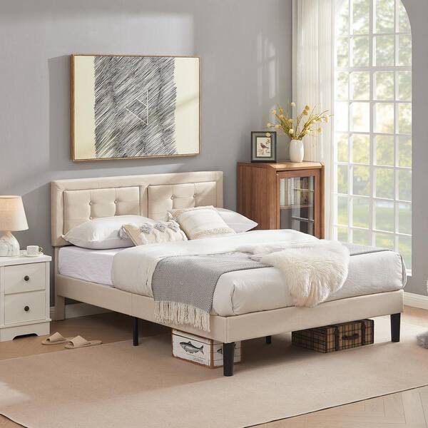 VECELO Upholstered Premium Platform Bed Frame ，60.4 in.W，Beige Queen ...