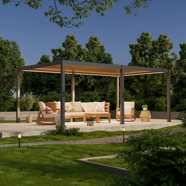 JOYESERY 12 ft. x 20 ft. Modern Aluminum Pergola with Adjustable Louvers, LED Lights, and Solar Charging, Charcoal Gray