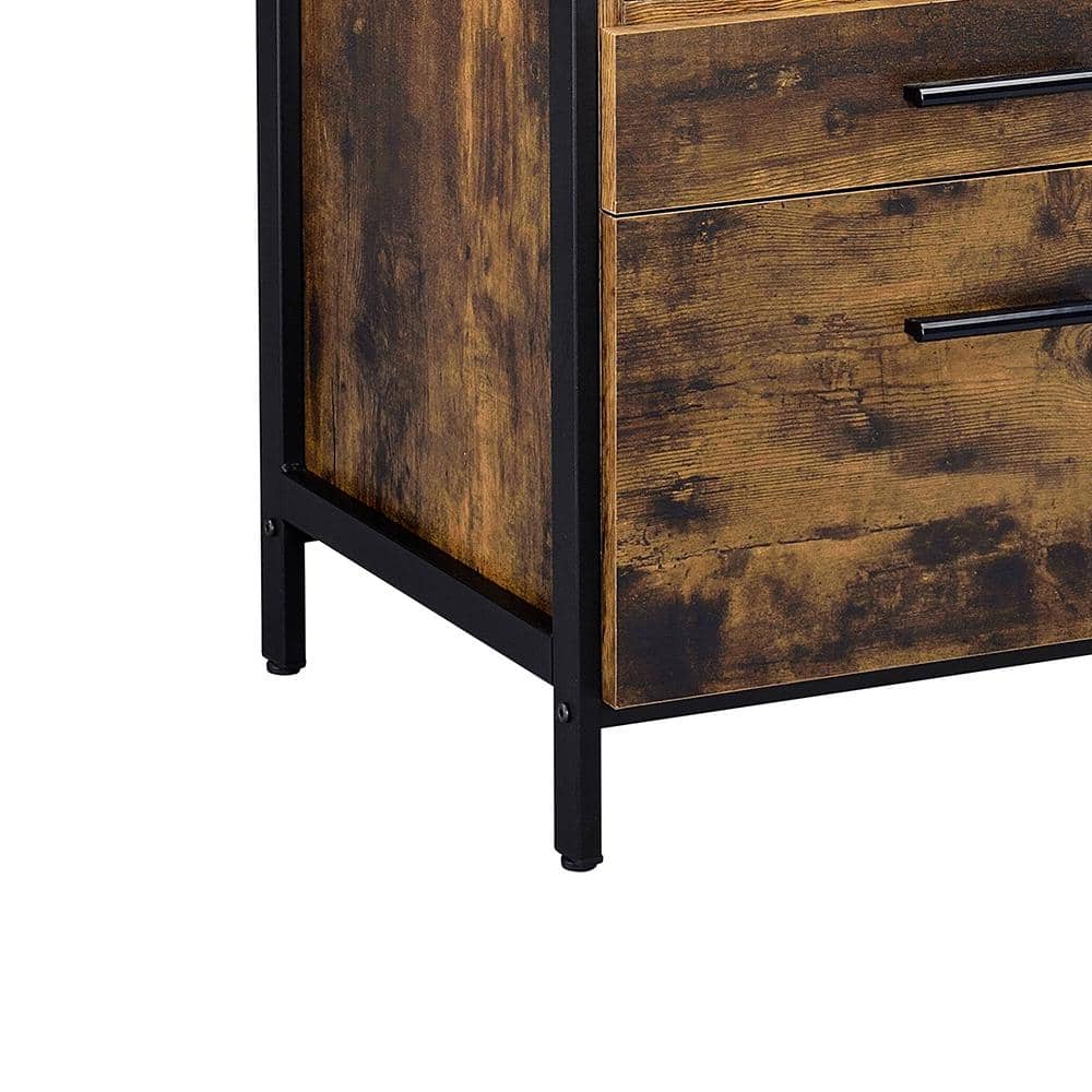 Rustic Oak and Black 2-Drawer Industrial Nightstand