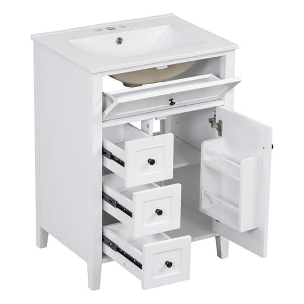 24 in. W Single Sink Freestanding White Bath Vanity with White Ceramic Top and Drawers, Unassembled