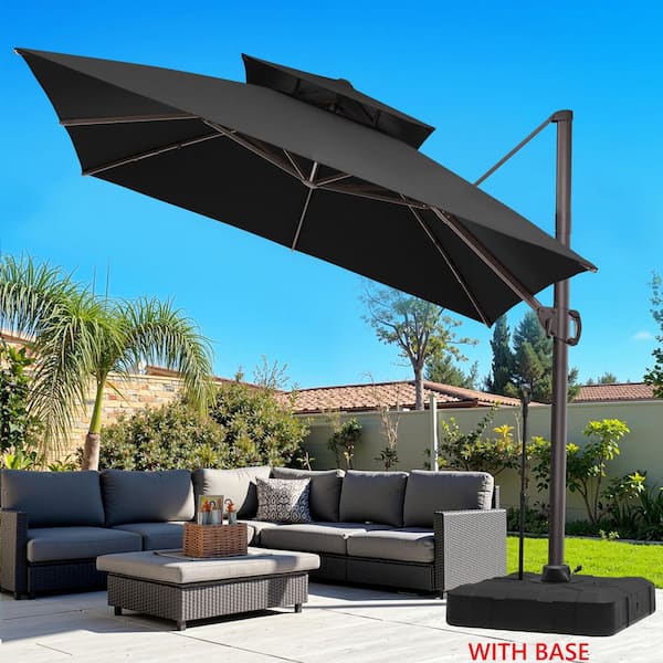 Double Top 9.5 ft. Square Aluminum Outdoor 360° Rotation Cantilever Patio Umbrella in Black, Wheeled Base with Pull Rod