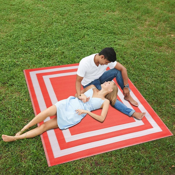 Paris Orange White 6 ft. x 9 ft. Modern Plastic Indoor/Outdoor Area Rug