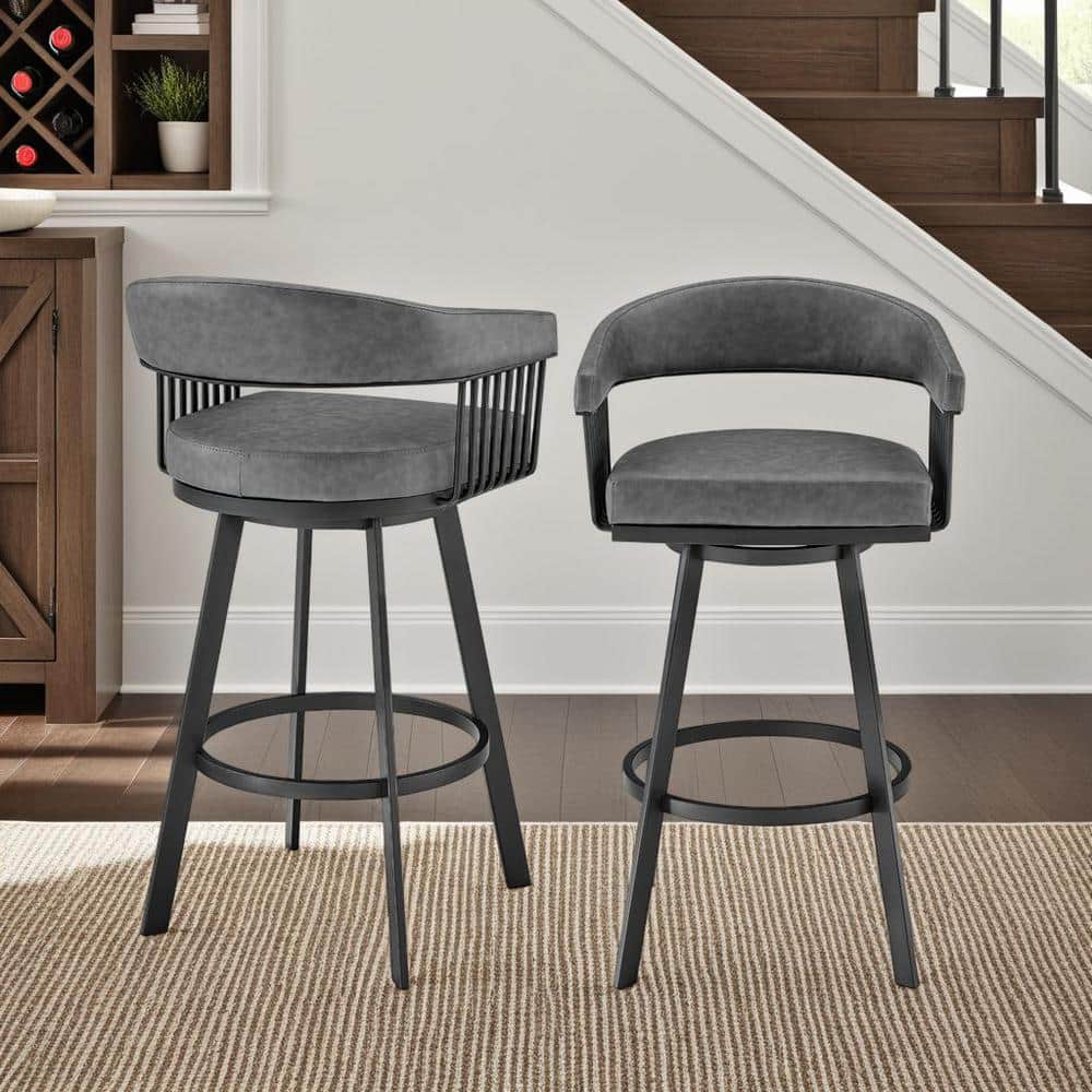 Chelsea 30 in. Gray/Black High Back Metal Swivel Bar Stool with Faux Leathe