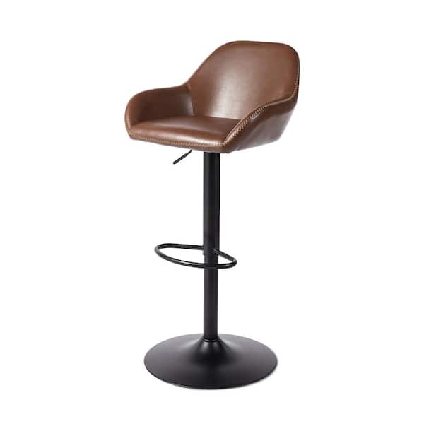 Glitzhome 34.25-43 in. H Adjustable Height Mid-Century Modern Brown Leatherette Gaslift 360°Swivel Bar Stool With Low Back