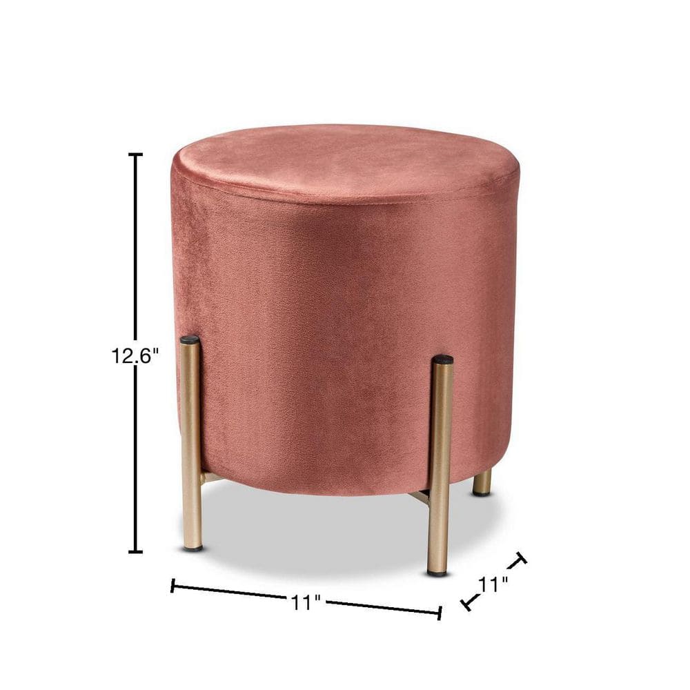 Thurman 11'' Pink Velvet and Gold Metal Round Ottoman