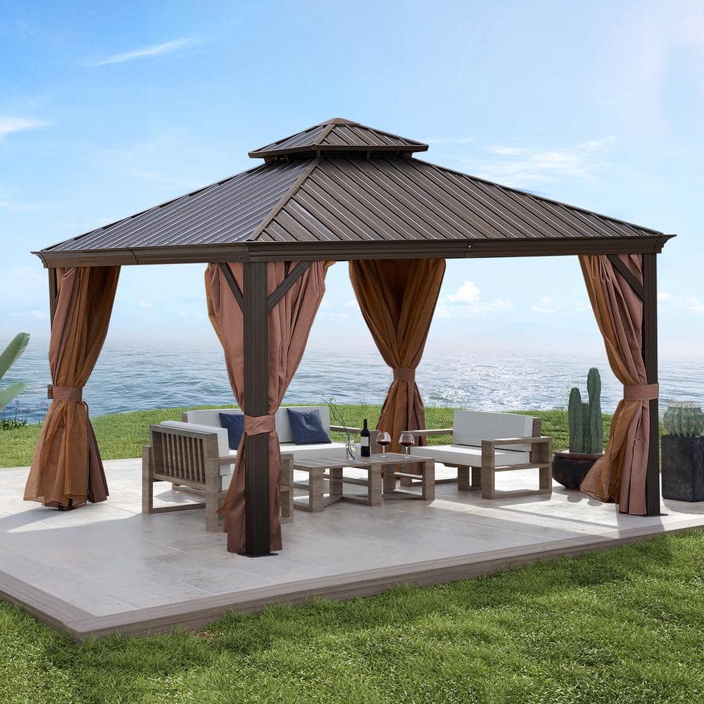 12 ft. x 12 ft. Outdoor Brown Permanent Hardtop Gazebo Canopy with ...