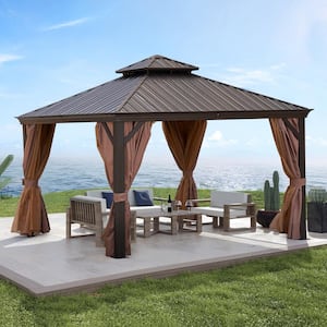 12 ft. x 12 ft. Outdoor Brown Permanent Hardtop Gazebo Canopy with Double Roof Steel Canopy for Patio, Garden, Backyard