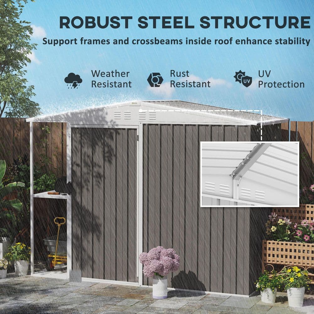 Gray Metal Garden Storage Shed with 2-Tier Rack and Lockable Door